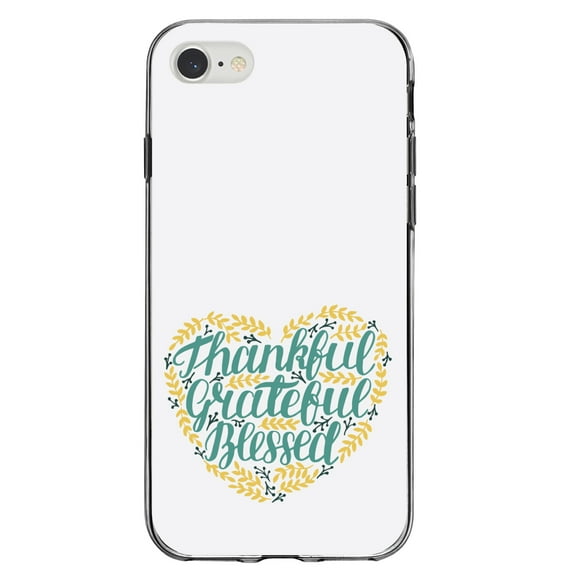 DistinctInk Clear Shockproof Hybrid Case for iPhone 7 8 SE (2020 Model) 4.7" Screen TPU Bumper Acrylic Back Tempered Glass Screen Protector - Thankful / Grateful / Blessed - Heart Flowers