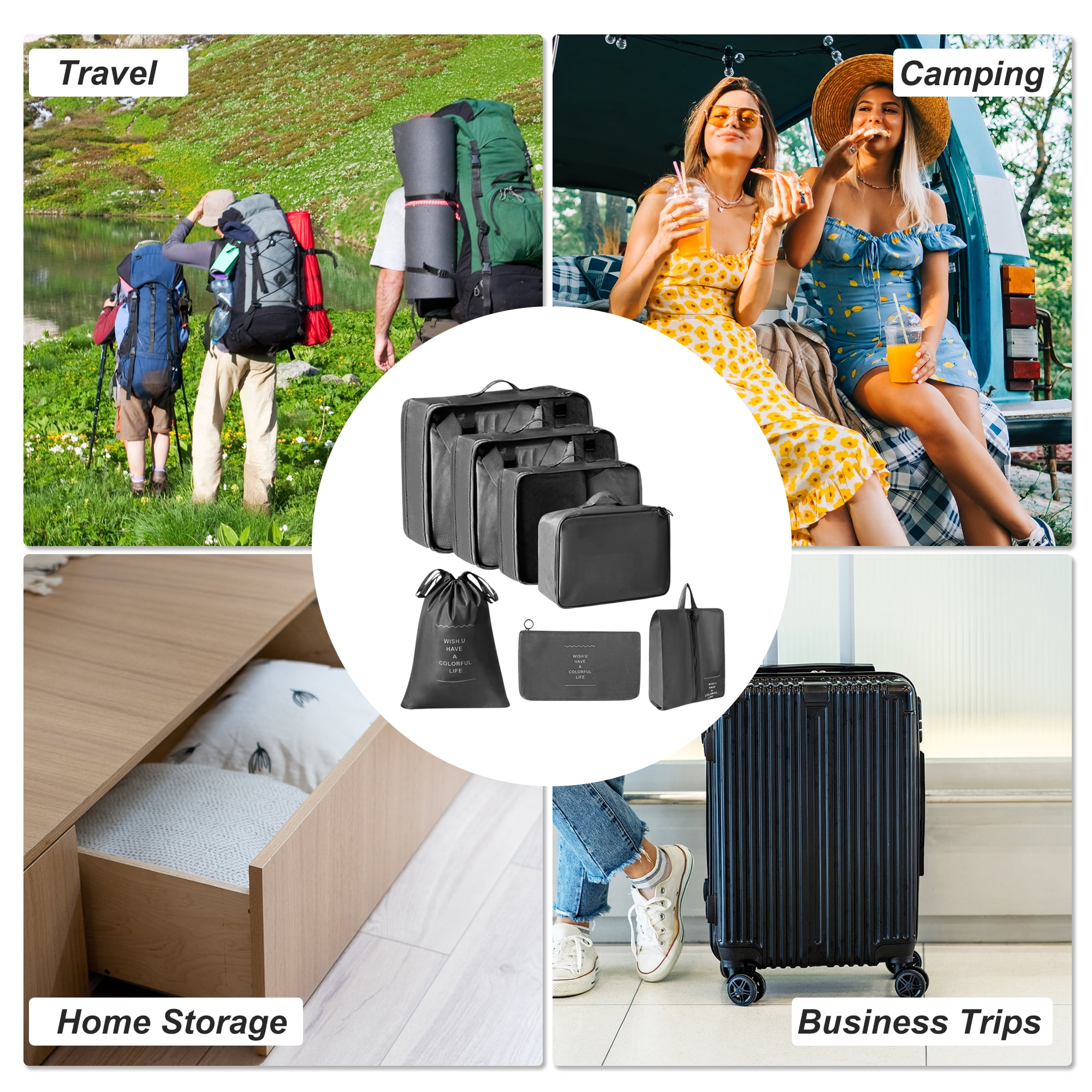 Unique Bargains Portable Packing Cube Set with 7 Different Sized Bags Black