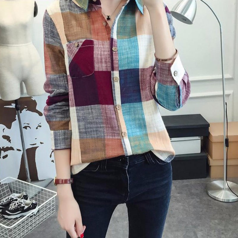 Efinny Women S Colorful Plaid Checks Long Sleeve On Plaid Checks Long Sleeve On