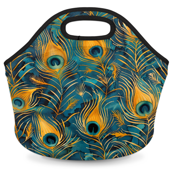 Herdesigns Bohemian Peacock Feather Insulated Neoprene Lunch Bag for Women Men Lunch Box Washable Reusable Lunch Tote Lightweight Lunch Handbag for Work Outdoor Picnic