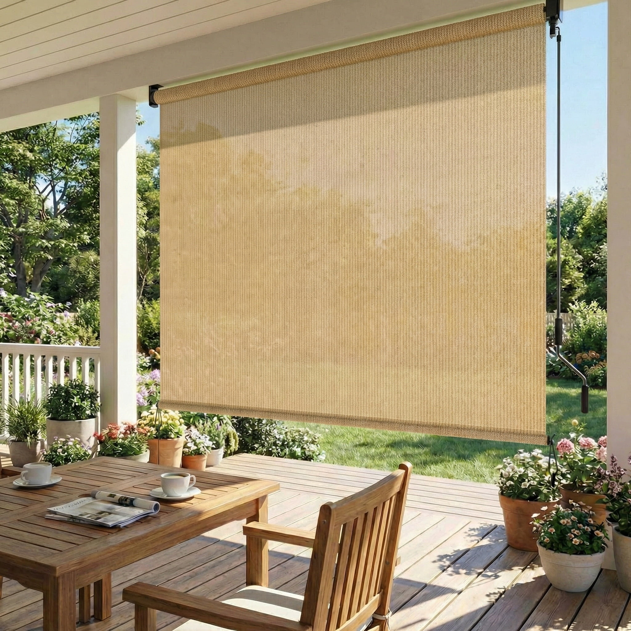 LIFERUN Outdoor Roller Sun Shade 6'W x 6'H, HDPE Shade Cloth & Aluminum Tube, Easy Install for Outdoor Pergola, Porch, and Garden (Sesame)