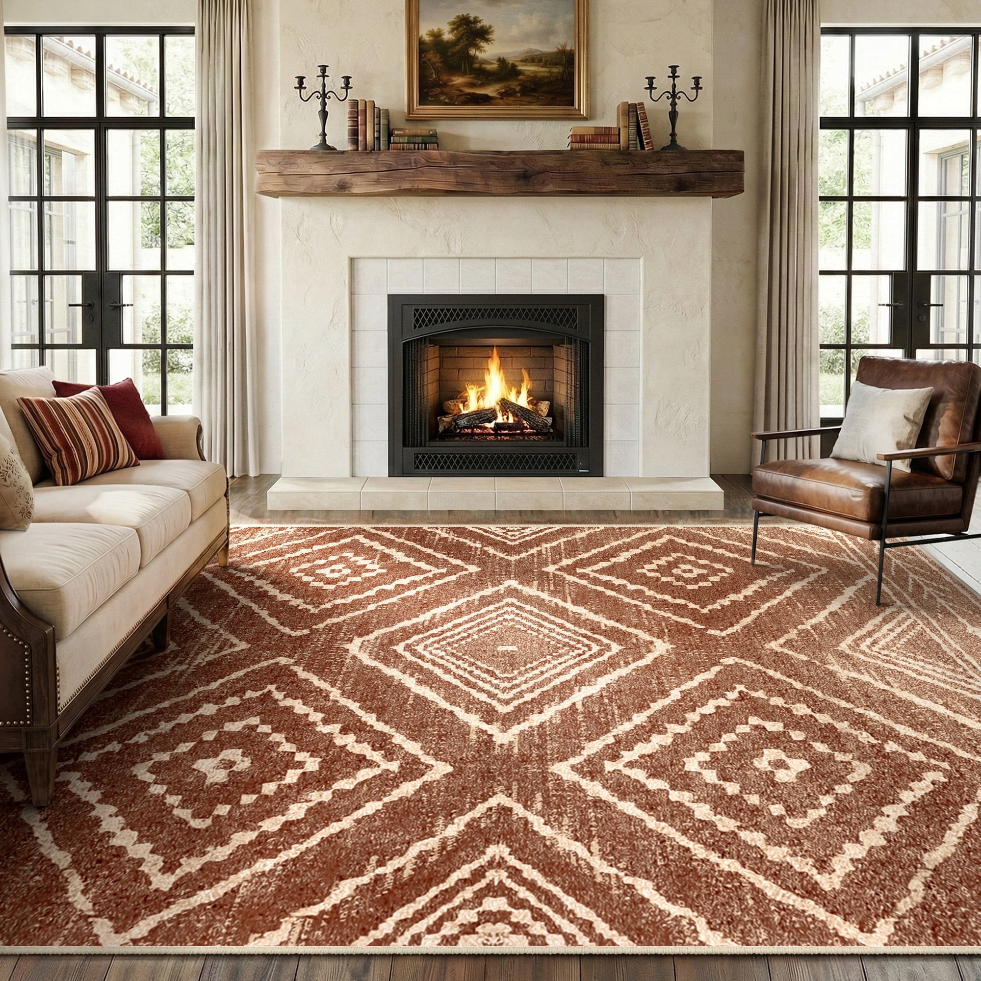 KoshiMe 8'x10' Area Rugs for Living Room, Machine Washable Rugs Non-Slip, Low Pile Soft Print Pattern Western Rug for Bedroom, Dining Room, Office, Yellowbrown