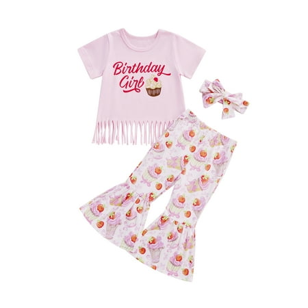 

Sunisery 3Pcs Toddler Baby Girls Summer Clothes Set Letter Short Sleeved Fringed Hem T-shirt + Flared Pants + Headband Pink 5-6 Years
