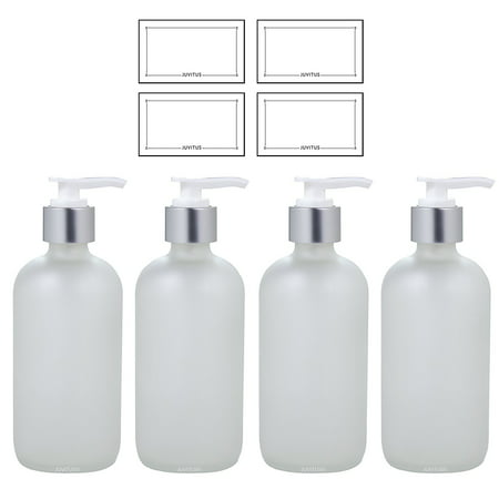 8 oz Frosted Clear Glass Boston Round Bottle with Silver and White Lotion Pump (4 Pack) + Labels ...
