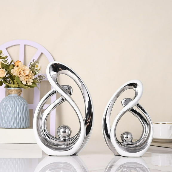 Silver Ceramic Home Decor, Ceramic Abstract 2 Piece Set, Mid- Modern Art Decor and Accessories, Living Room Coffee Table Dining Table Center Foyer Entry Table Decoration