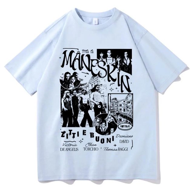 Camiseta de Maneskin de banda de Rock italiana camiseta con estampado gráfico de álbum de música ropa de calle Vintage de gran tamaño para hombres y mujeres camiseta de talla europea