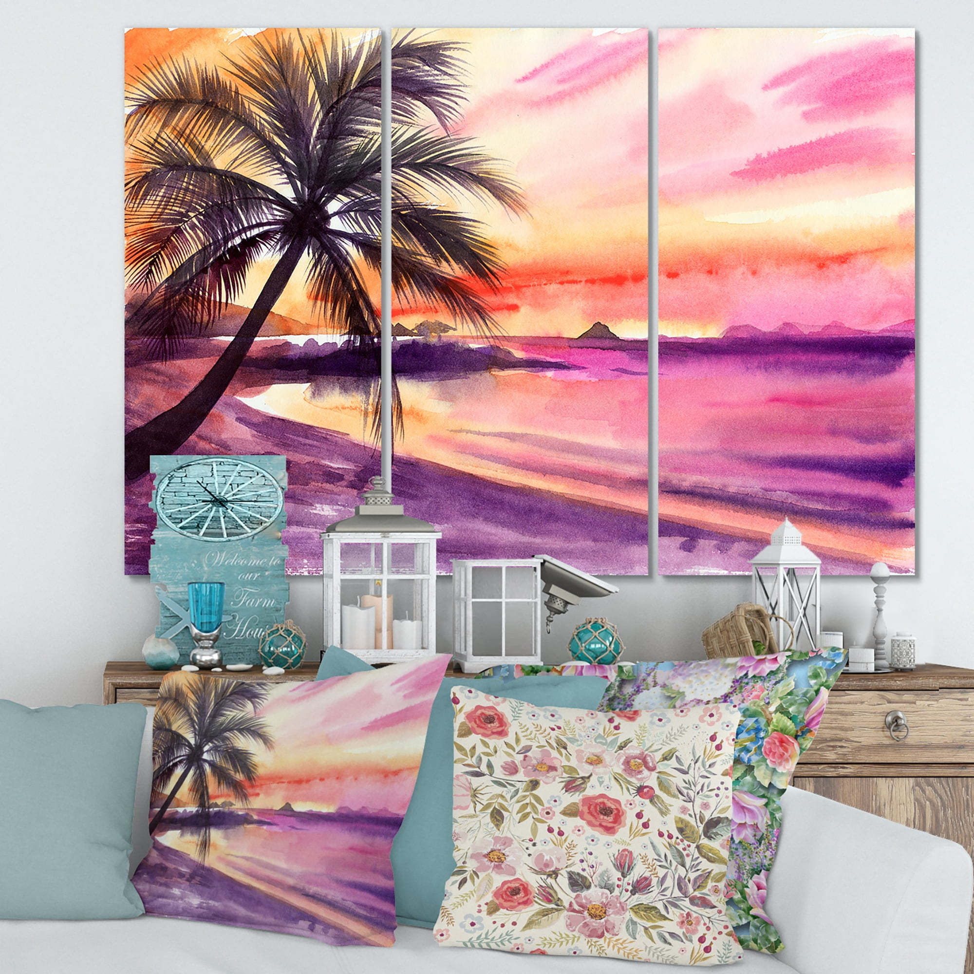 Purple and Pink Palm Beach Sunset 28 in x 36 in Painting Canvas Art Print, by Designart