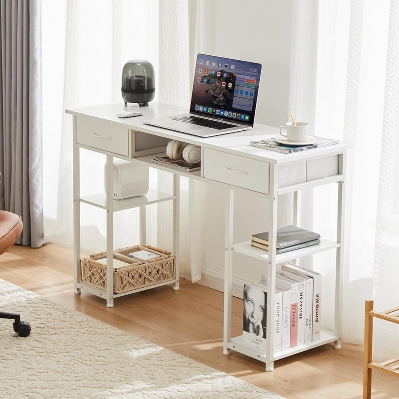 Kelno 48 Inch Computer Desk with 2 Fabric Drawer Storage Shelf Gaming Writing Table, White