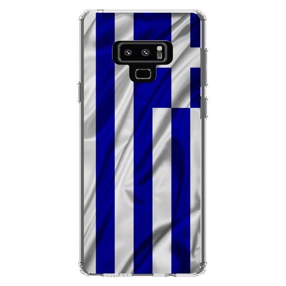 DistinctInk Clear Shockproof Hybrid Case for Samsung Galaxy Note 9 - TPU Bumper, Acrylic Back, Tempered Glass Screen Protector - Greece Waving Flag