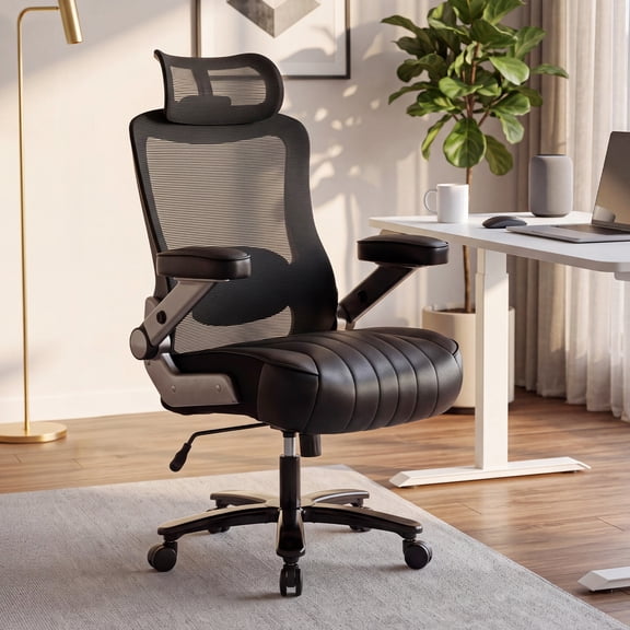Big & Tall Ergonomic Office Chair, 600 lbs Capacity Heavy Duty Desk Chair with Extra Wide Thick Seat, Mesh Back & Flip-Up Armrests, Black