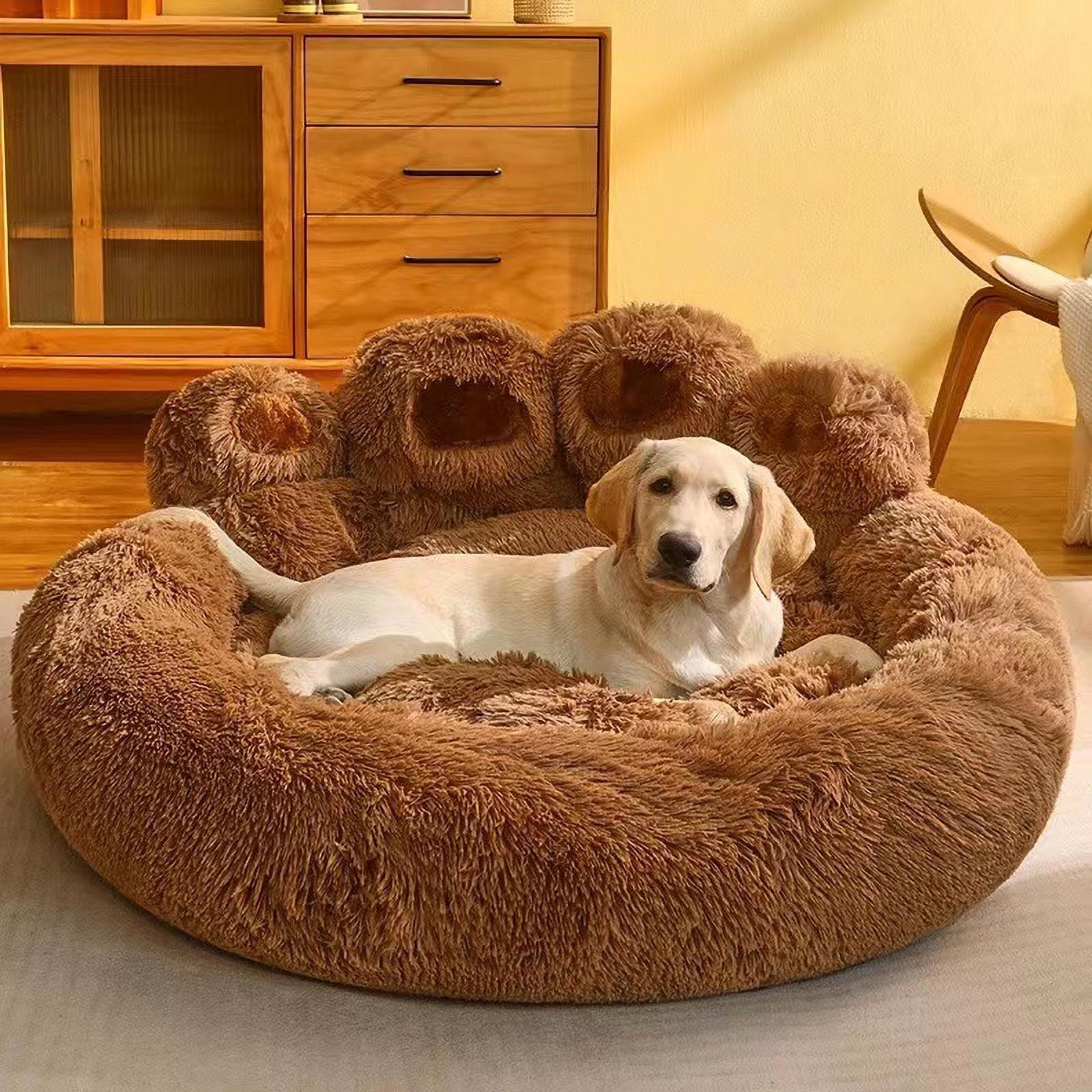 Darzheoy Cute Round Calming Dog Bed of Paw Shape, Pet Plush Dog Donut Bed for Medium Small Breed Dog, Soft, Comfy and Cozy Doggie Bed with Bolster, 24 inch