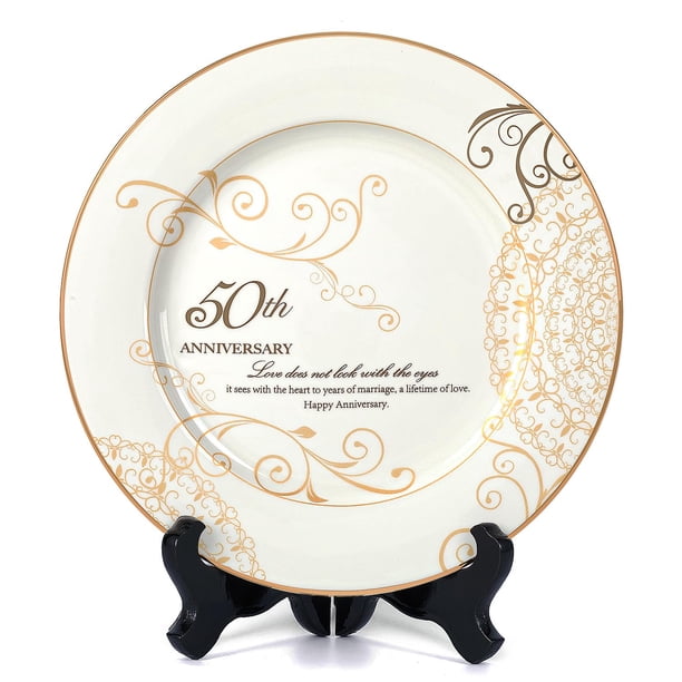 Urllinz Regalos de boda del 50 aniversario para padres pareja-Plato del 50 aniversario de boda con lámina de oro de 24 quilates Regalos de boda dorados de 50 años