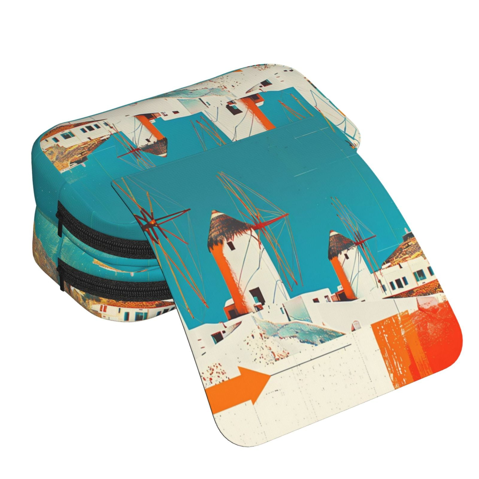 Rateoe Colorful Greek Windmills Pattern Double Clamshell Pen Case, Storage Organizer with Two Zipper Compartments– Holds Up to 50 Pencils & Pens
