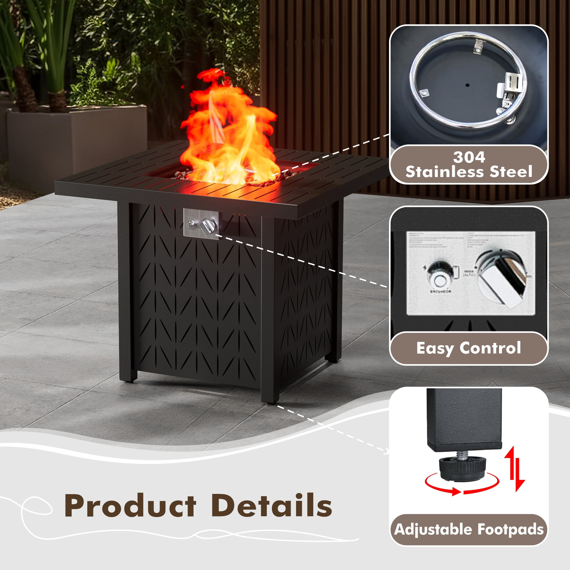 Evita 50000 BTU 30in. Square Propane Fire Pit Table Modern Outdoor Gas Fire Table with Fire Rocks