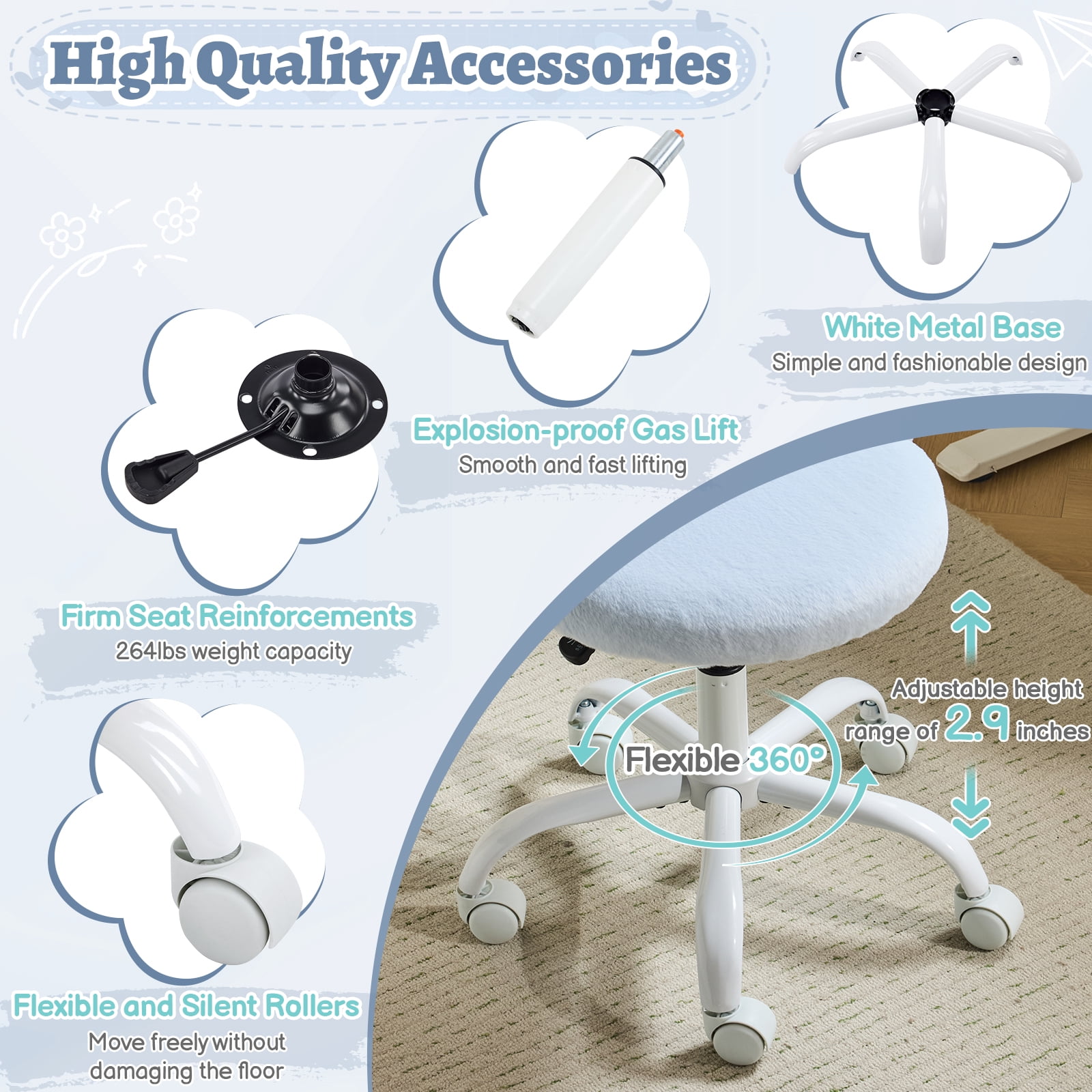 Ktaxon Vanity Makeup Chair Comfy Cute Accent Chair Small Swivel Task Office Chair with Wheels Faux Rabbit Hair Blue