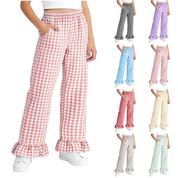 Loopsun Kids 5-15Years Summer Plaid Ruffle Full Length Pants Elastic Waist Comfortable with Pocket