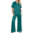 thumbnail image 2 of Besolor Women's Silk Satin Pajamas 2 Piece Outfits Short Sleeve Button down Shirt and Wide Leg Pants Sets Sleepwear Pjs Dark Blue, 2 of 9