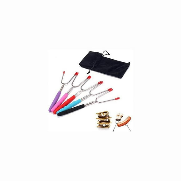 Set of 5 Premium Marshmallow Roasting Sticks,Safe for Kids Extra Long Telescoping Extendable Hot Dog Forks - Fire Pit, Camping, Campfire, Bonfire Outdoor Cookware Kit-Handy Bag