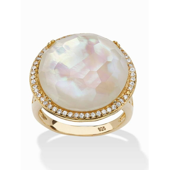 PalmBeach Jewelry .27 TCW Genuine Mother-Of-Pearl or Checkerboard-Cut Green Glass and Pave CZ Accent Gold-Plated Sterling Silver Halo Cocktail Ring