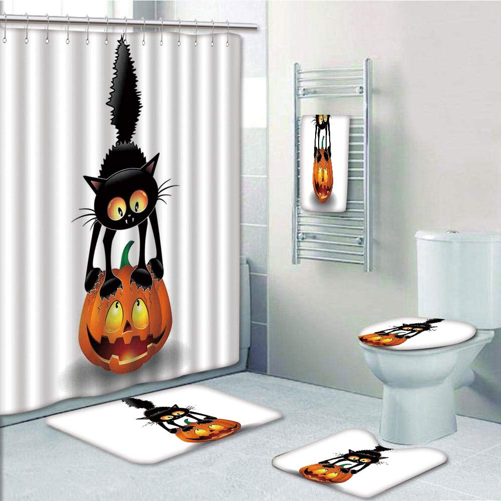 Cartoon Black Cat Shower Curtain Bath Mat Toilet Cover Rug Bathroom Decor 