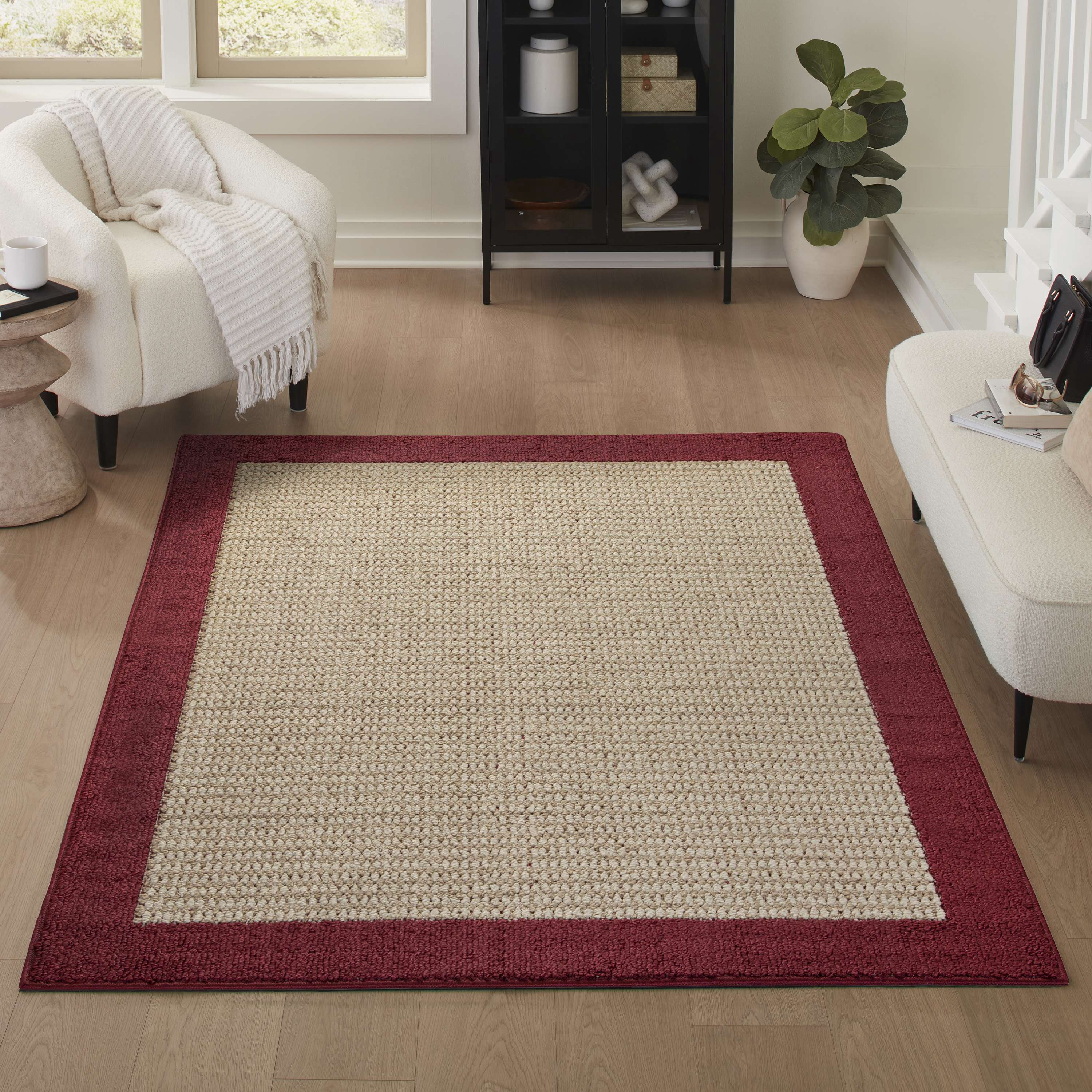 Mainstays Farmhouse Faux Sisal Olefin Red Border Indoor Area Rug, 4' x 5'4"