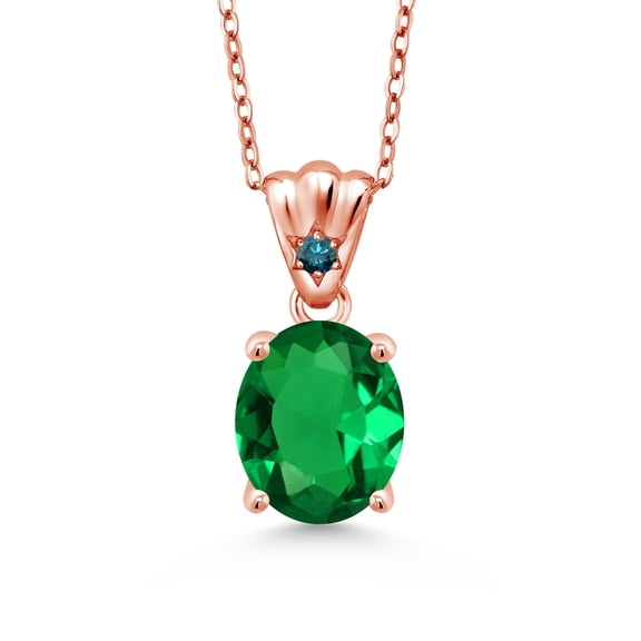 Gem Stone King 2.78 Ct Oval Green Nano Emerald Blue Diamond 18K Rose Gold Plated Silver Pendant