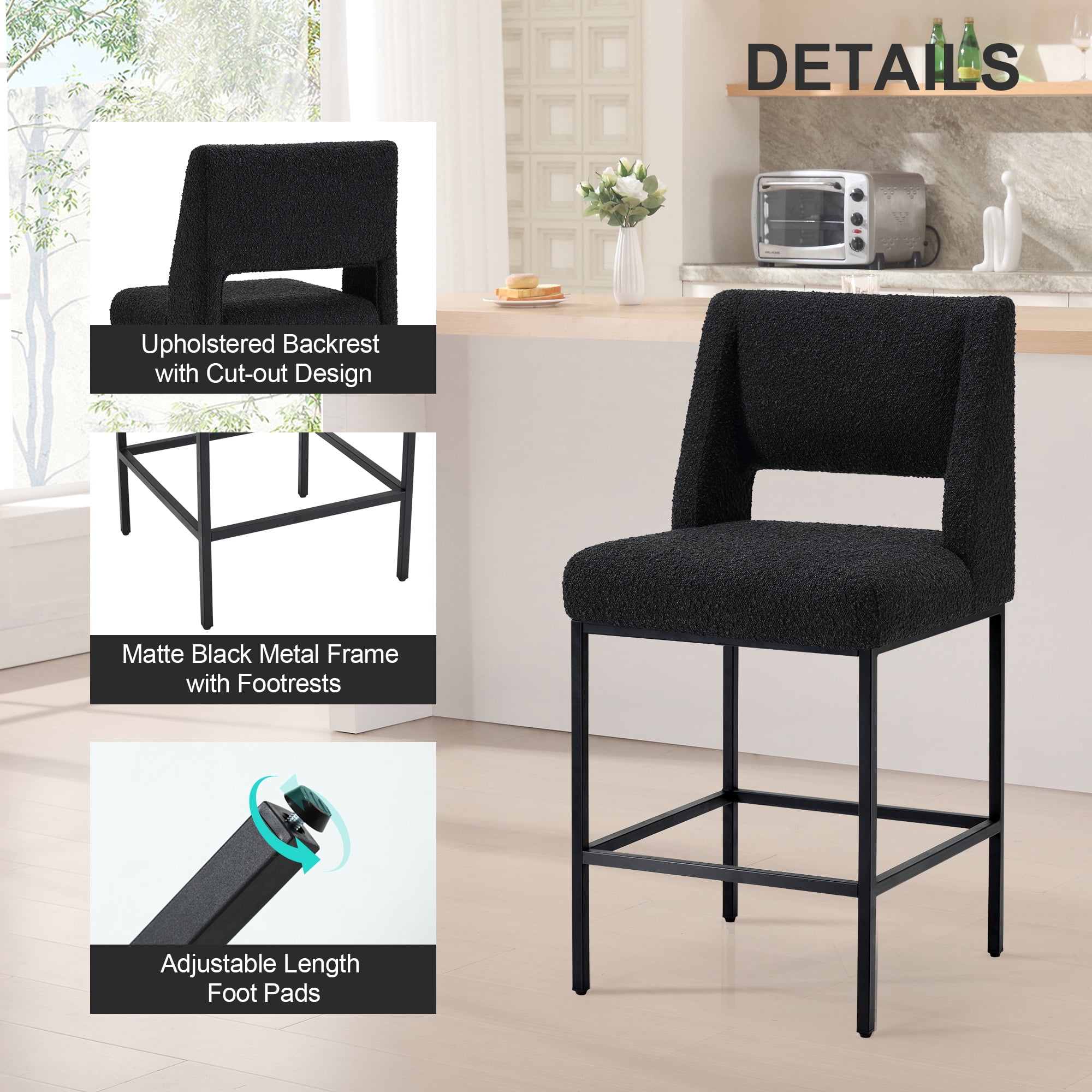 Zesthouse 26.4" Modern Counter Stools Set of 4, Boucle Fabric Bar Stools with Back and Metal Legs, Extra Thick Upholstered Counter Height Chairs for Kitchen Island, Black
