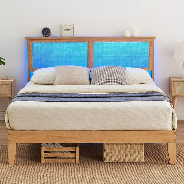 PIONEERWORKS Full Bed Frame with Natural Rattan Headboard, Platform Bed Frame Full Size with Storage Headboard, Mattress Foundation, Noise-Free, No Box Spring Needed