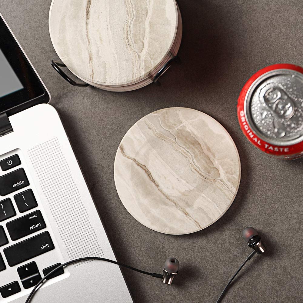 LIFVER Ceramic Coasters with Holder, Absorbent Coaster Sets of 6, Marble Style Wooden Table, 4 inches - image 4 of 6