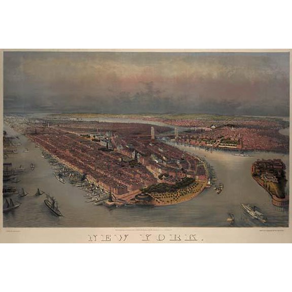 Birds-eye view of Manhattan, New York- Fine Art Canvas Print (20" x 30")