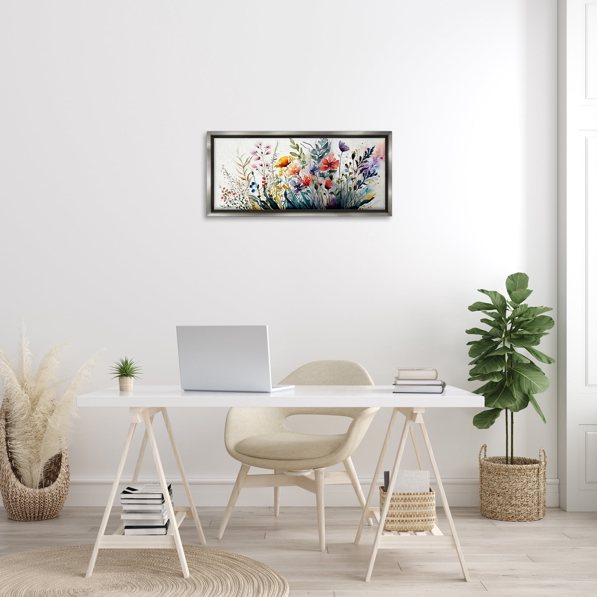 Stupell Industries Bold Floral Hues Blooming Nature Botanical & Floral Painting Gray Floater Framed Canvas Art Print Wall Art, 31 x 14