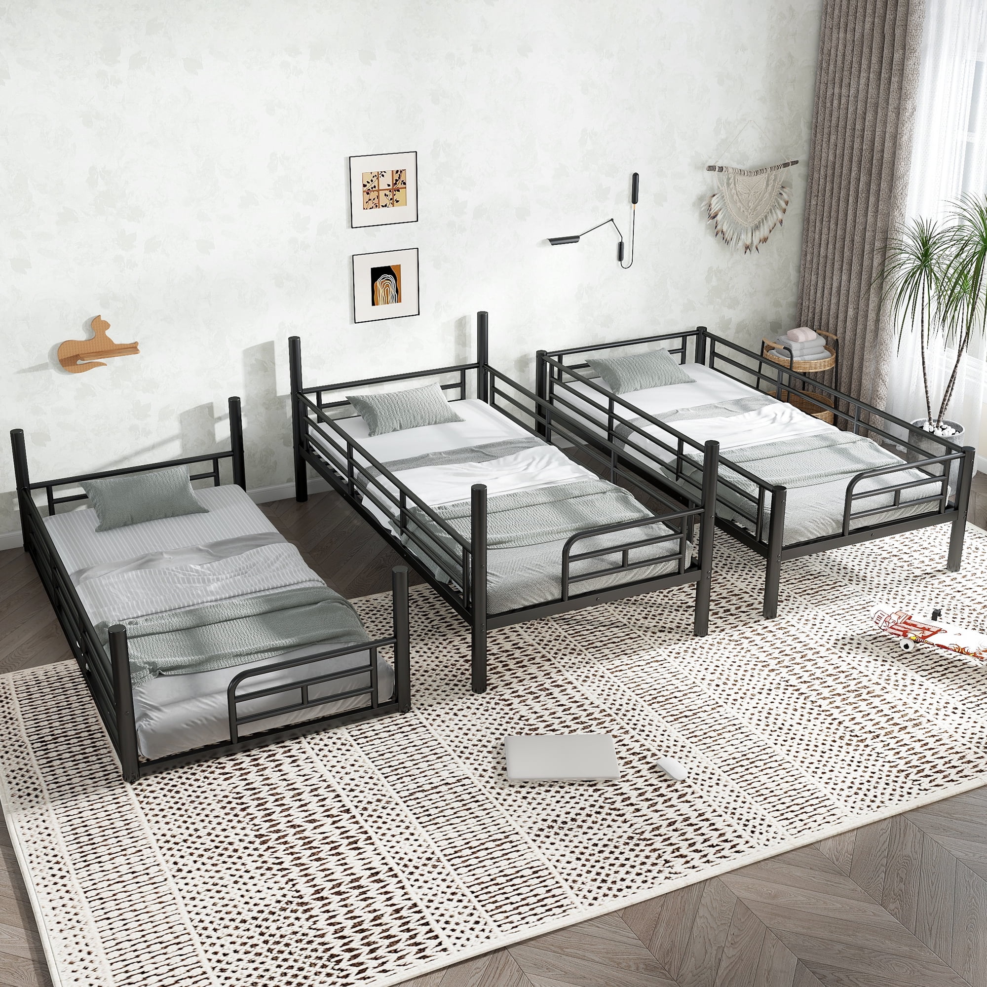 Leumius Twin over Twin over Twin Bunk Bed,Metal Triple Bunk Bed for 3 Kids/Teens,Heavy Duty Triple Bed with Guardrail and Ladder,Separates Into 3 Twin Beds,Black