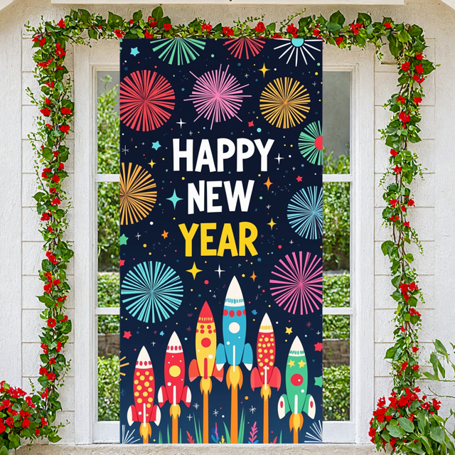 Colorful Space Rocket New Year Celebration Banner for Holiday Party Festive Event Indoor Decoration