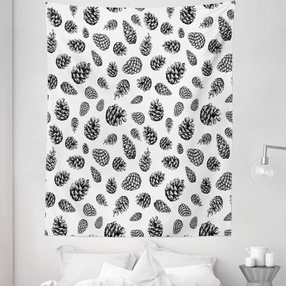 Pine Cone Tapestry, Monochrome Tree Winter Conifers Engraved Forest Elements Christmas Motifs, Fabric Wall Hanging Decor for Bedroom Living Room Dorm, 5 Sizes, Black and White, by Ambesonne
