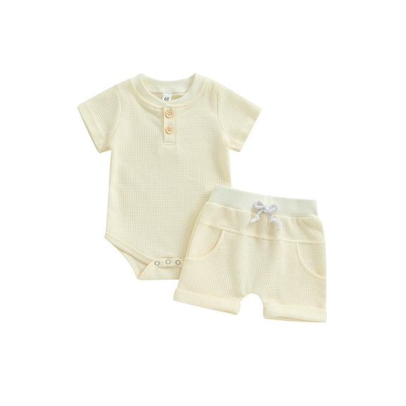 Hirigin Newborn Baby Boy Waffle Outfit Set Button Short Sleeve Romper Bodysuit Shorts 0 3 6 9 12 Months Soft Summer Clothes Set