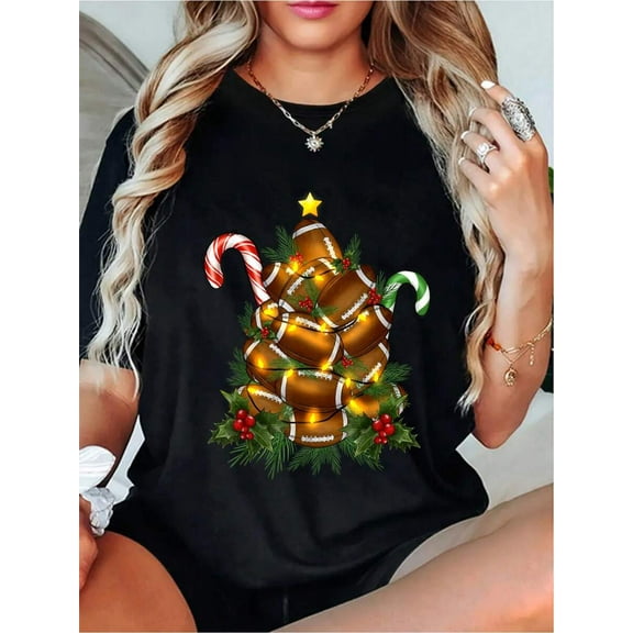 American Football Christmas Tree Christmas Pajamas Men Boys T-Shirt - Printed Crew Neck T-Shirt , Casual Short Sleeve Tee, Breathable Soft 100% Cotton T-Shirt