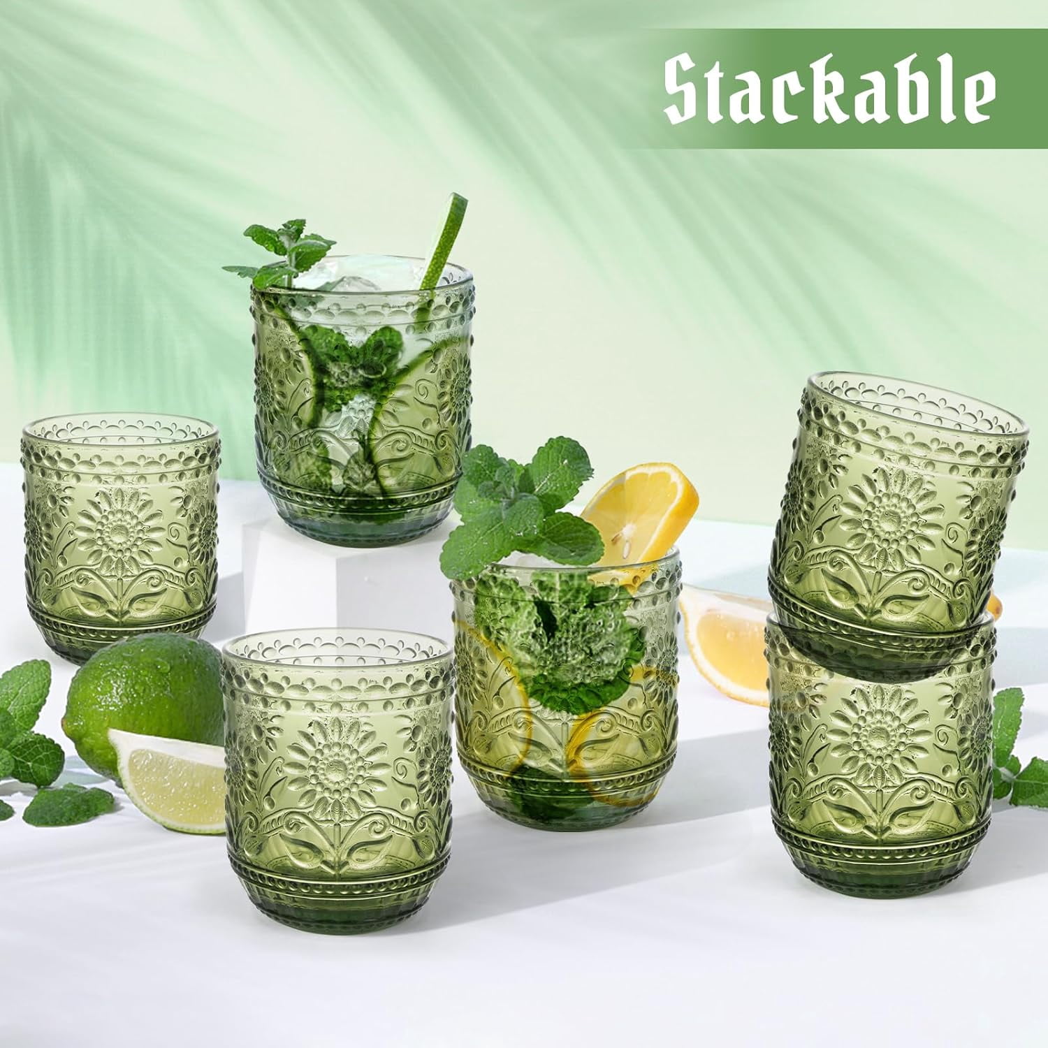 NANAHuang Vintage Drinking Glass Set of 4,12 oz Embossed Floral Drinkware Set,Green Drinking Glasses Cups Wine Glasses Colored Glassware for Whisky,Beer,Juice,Cocktail,Heavy Duty