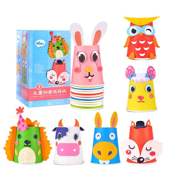 Paper Cup Art Sticker 1 Set Sticker Paper Cup Art Kit Toddler Crafts Art Toys Diy Material Kit for Kids Toddlers (Colorful,12pcs Paper Cup,9pcs Paperboard,1pc Double-Side Tap,1pc Reference Card)