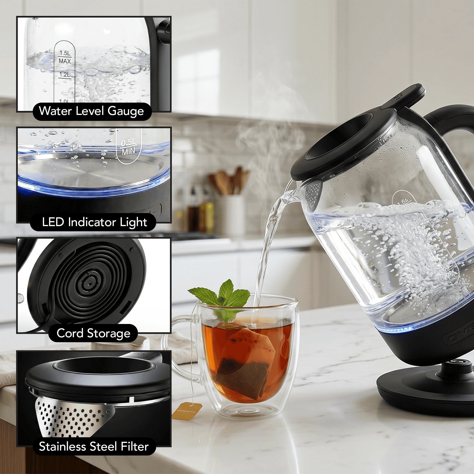 OVENTE Electric Kettle with 1.5L Borosilicate Glass, 1500W Fast Boiling Water Heater for Coffee or Tea, Easy to Fill Lid, Auto Shut-Off, Boil-Dry Protection & Stainless Steel Filter, Black KG516B