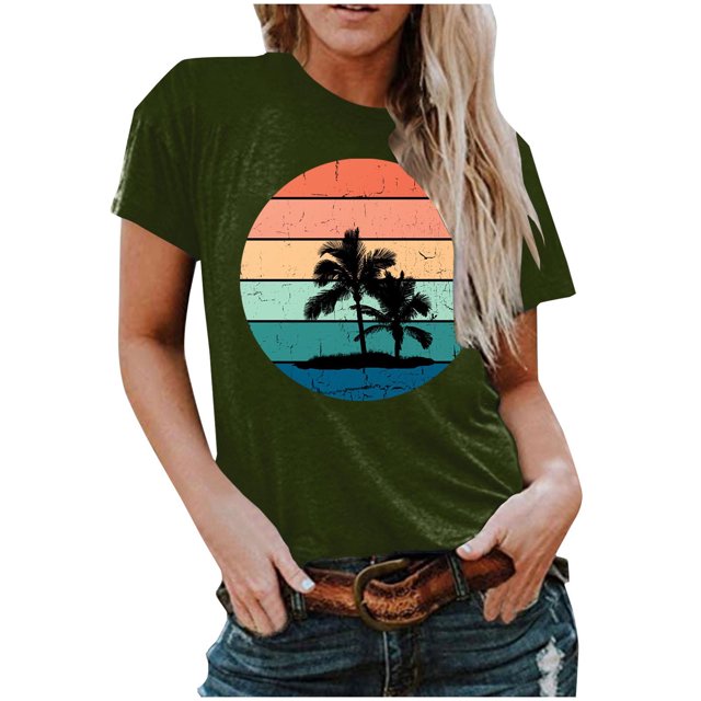 RKSTN T-Shirts Graphiques pour Femmes Été Aguichant Impression Régulière Chemises Col Rond Manches Courtes Hauts de Plage
