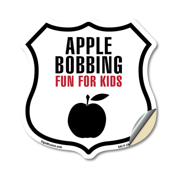 Apple Bobbing Fun for Kids 18 inch X 18 inch Shield Shaped Heavy Duty 3.2 mil Vinyl Decal Weather Resistant Made in the USA