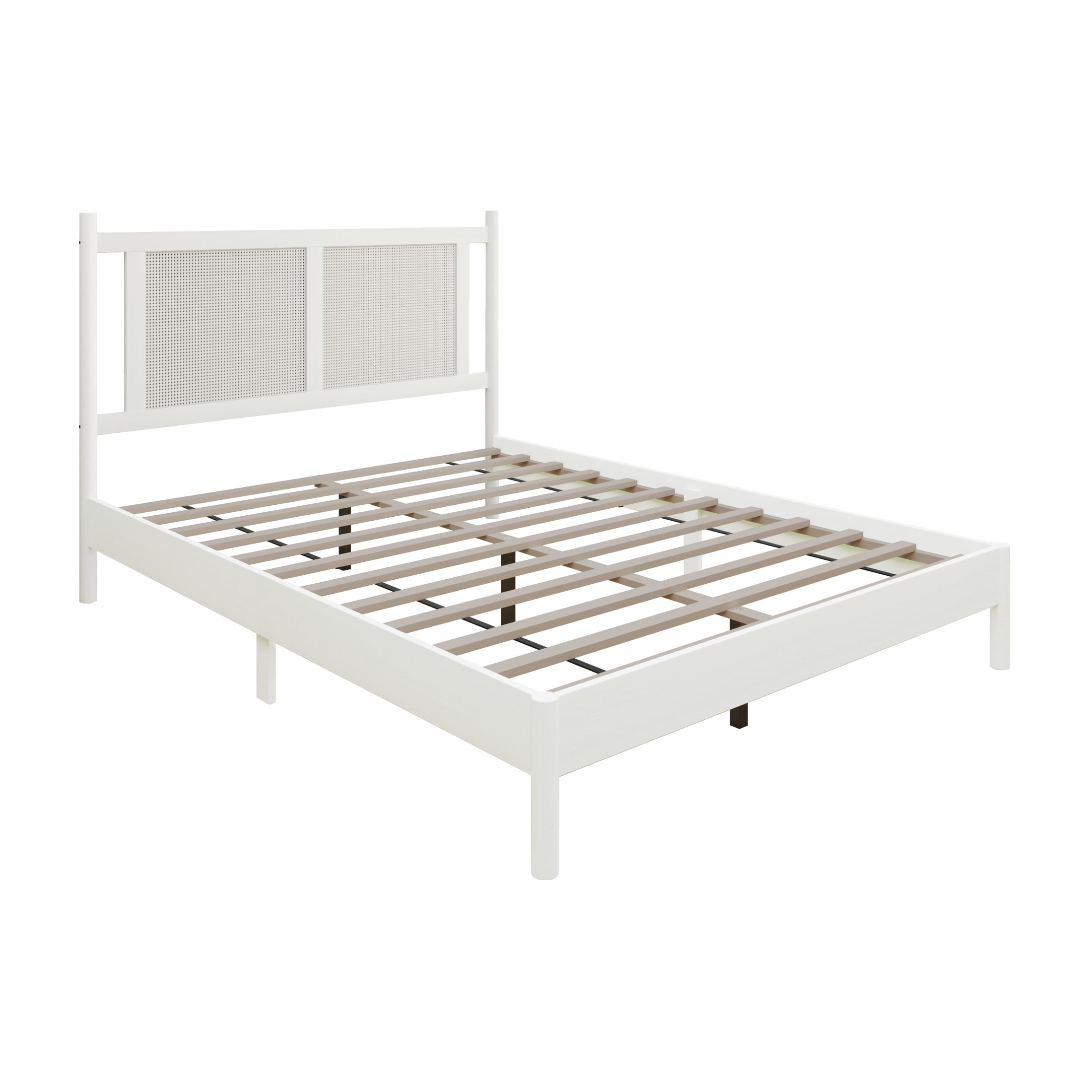 Castle Place Rattan Full Wooden Platform Bed, White