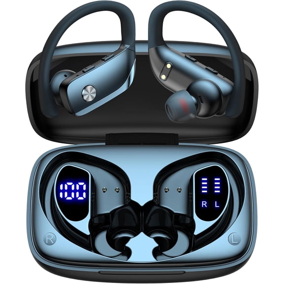 Ear Buds Wireless Earbuds Bluetooth Headphones with 80H Playtime LED Display Case, Over-Ear Hook with Mic, Stereo Sound, Easy Button Controls, Sports Earphones for Running Workout Gym