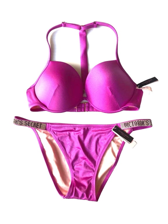 Shine Strap Fabulous Push Up Top Brazilian Swim Set, Belflower Pink Size 36D/ Large NWT