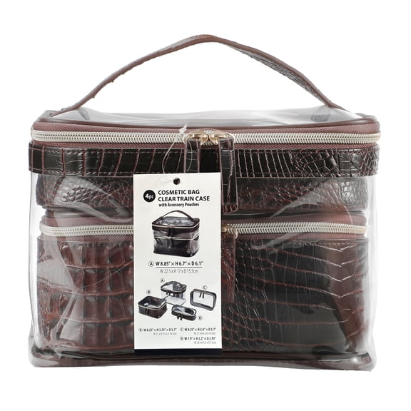Cosmetic Bag Clear Train Case with Accessory Pouches and Two Tone Texture Trim, 4 Piece Set