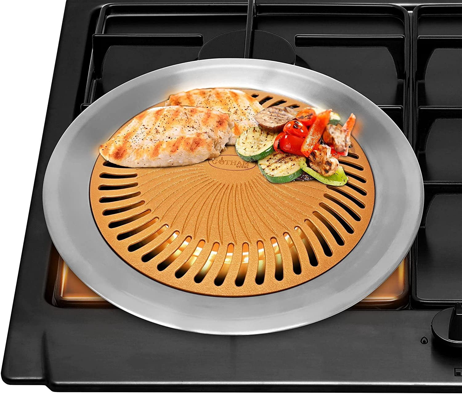 Kitchen + Home Stove Top Smokeless Grill Indoor Korean BBQ Grill Pan,-  Stainless Steel with Double Coated NonStick Surface with Bonus Stove Top  Gas