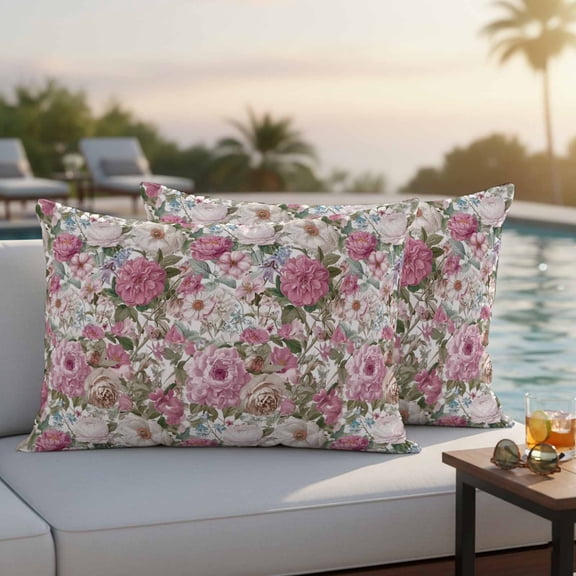 Light Pink Spring Floral Outdoor Pillow Covers 20x12 Inch Lumbar Pillow Covers Set of 2 Waterproof Decorative Throw Pillow Cases Vintage Summer Botanical Cushion Covers for Patio Furniture Garden