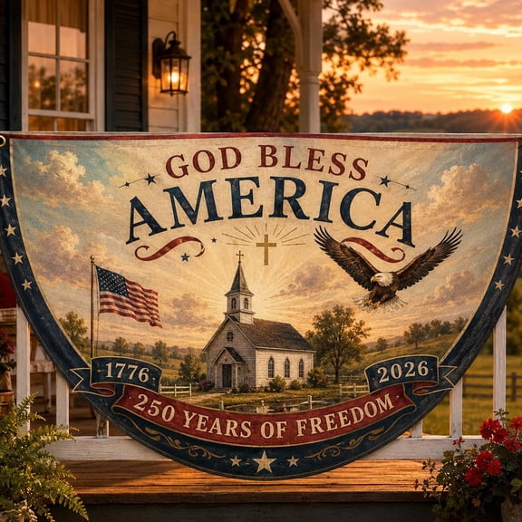 Pleated Fan Half Round Flag Vintage Patriotic Country Church Eagle Banner Rustic USA 250 Years Freedom Porch Holiday Outside Decor July 4th