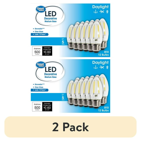 (2 pack) Great Value LED 4W (60W Equivalent) Soft White E26 Medium Base Decorative Light Bulbs, Dimmable, 12 Pack