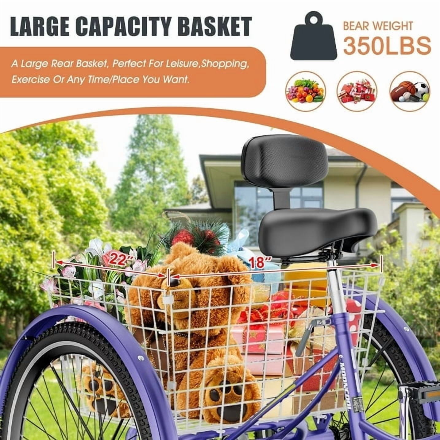 Lilypelle Adult Tricycles 7 Speed 26 inch Three Wheel Bike Cruiser Trike with Low-Step Through Frame/Large Basket for Men,Women,Seniors,Purple